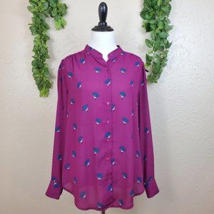 Faded Glory Moody Dark Floral Button Down Collared Semi Sheer Blouse Small